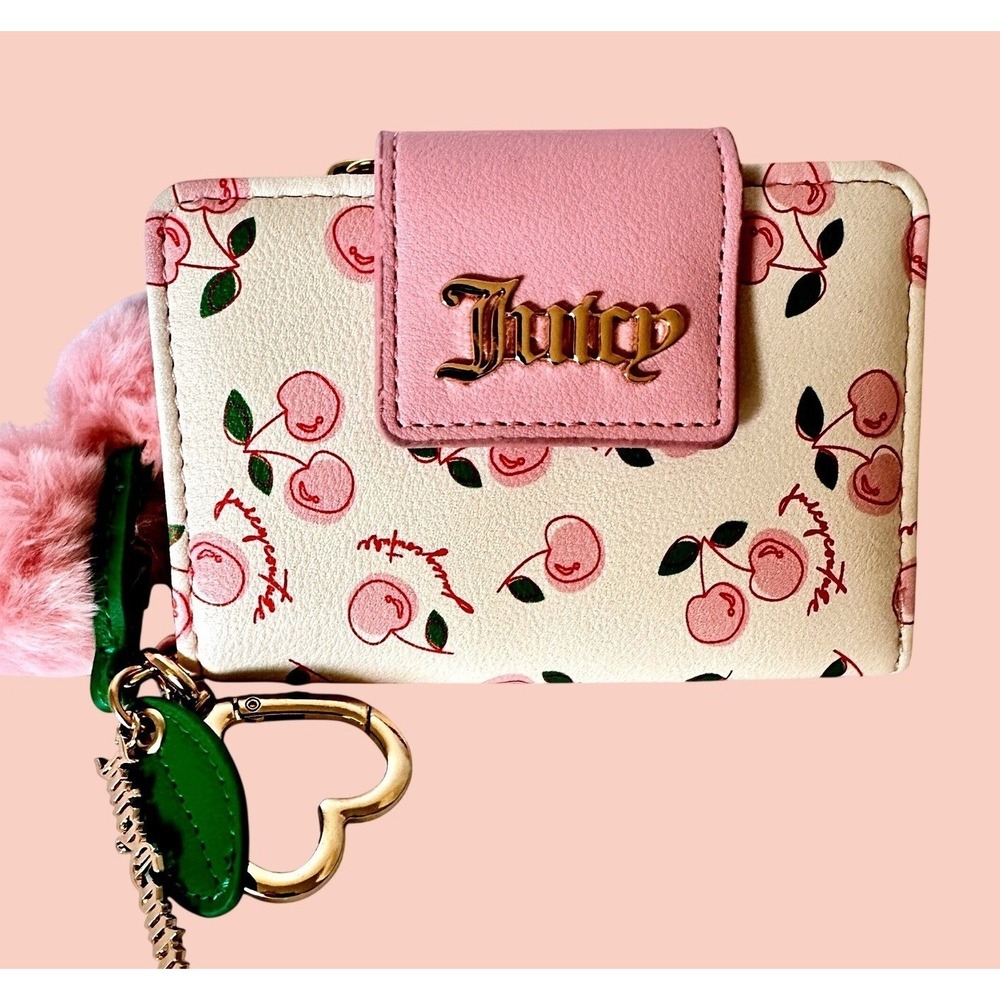 Juicy Couture Wallet Womens OS Pink Cream Cherry Print Pom Pom Bifold Excellent